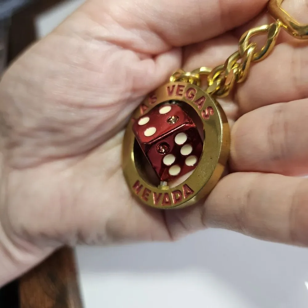 Las Vegas Gold Tone Nevada Souvenir spinning Dice keyring chain keychain 1.5